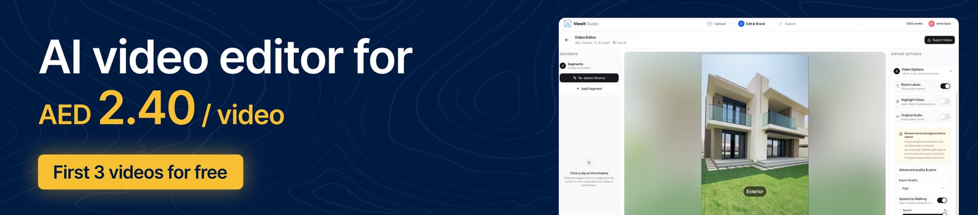 Viewit Studio — AI video editor for real estate listings, AED 2.40 per video, first 3 videos free