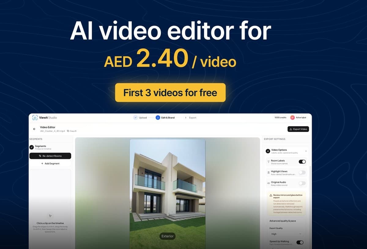 Viewit Studio — AI video editor for real estate listings, AED 2.40 per video, first 3 videos free
