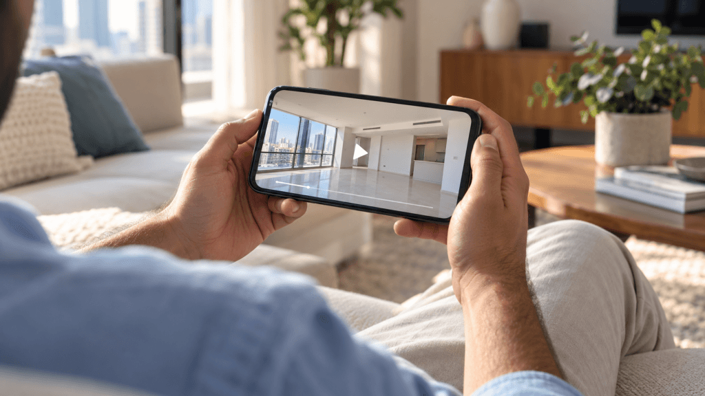 A renter watching an apartment video tour on a phone at home