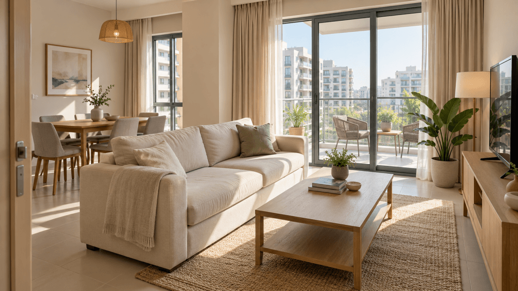A bright apartment living room with a dining area and balcony