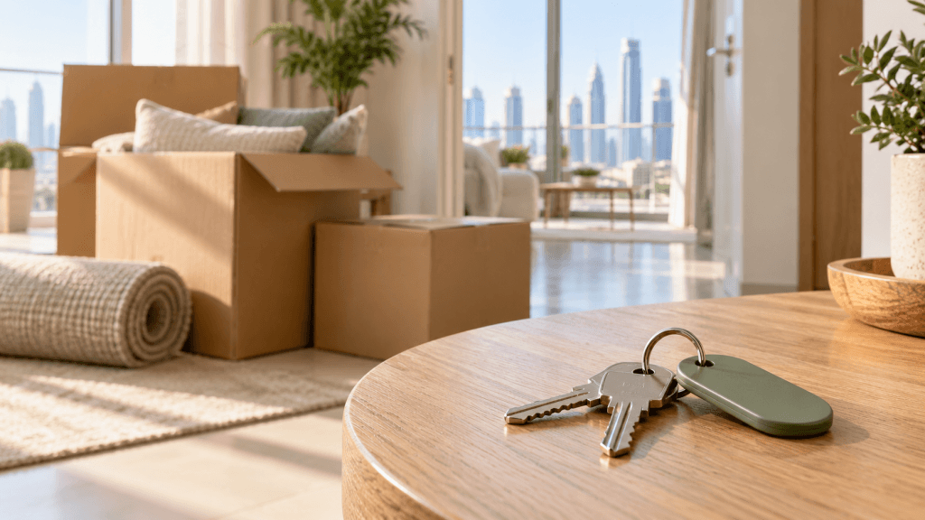 House keys on a table beside moving boxes in an apartment