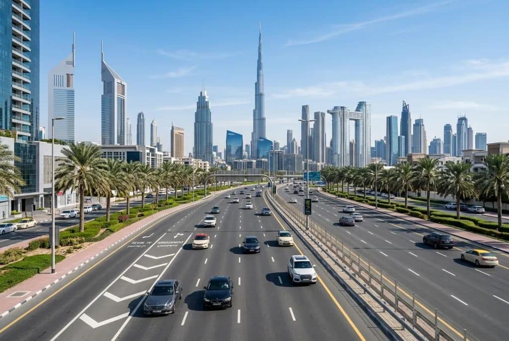 Traffic on Sheikh Zayed Road with the Dubai skyline and Burj Khalifa